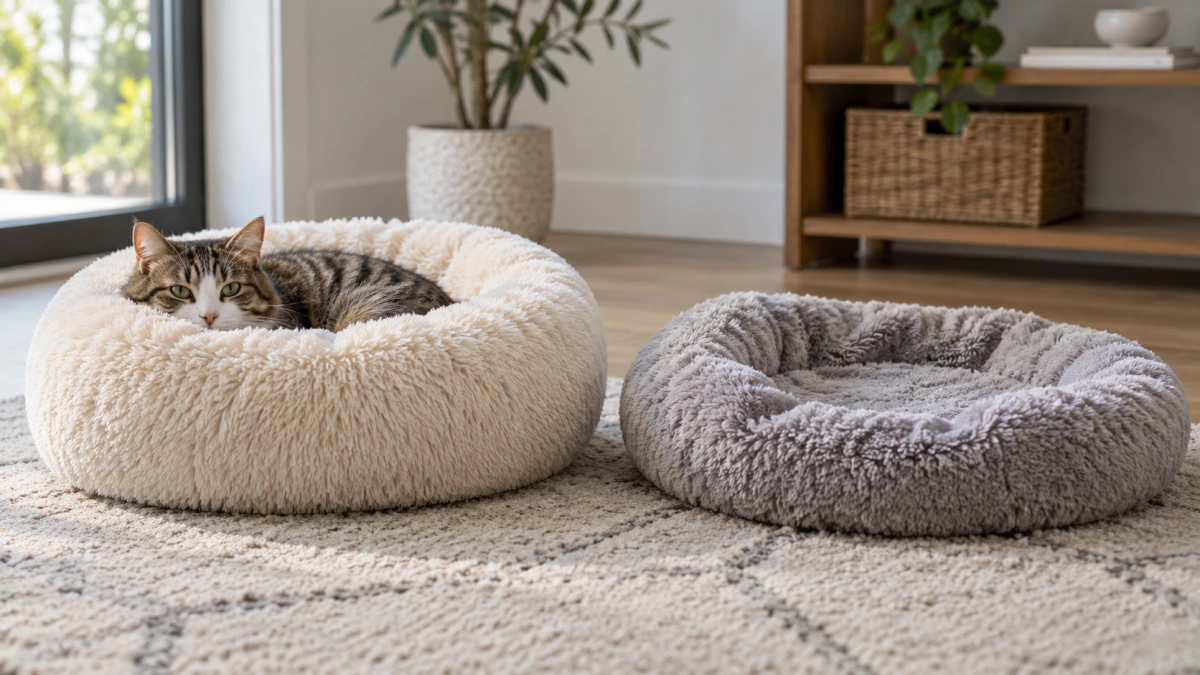 Structured raised rim on a supportive donut cat bed