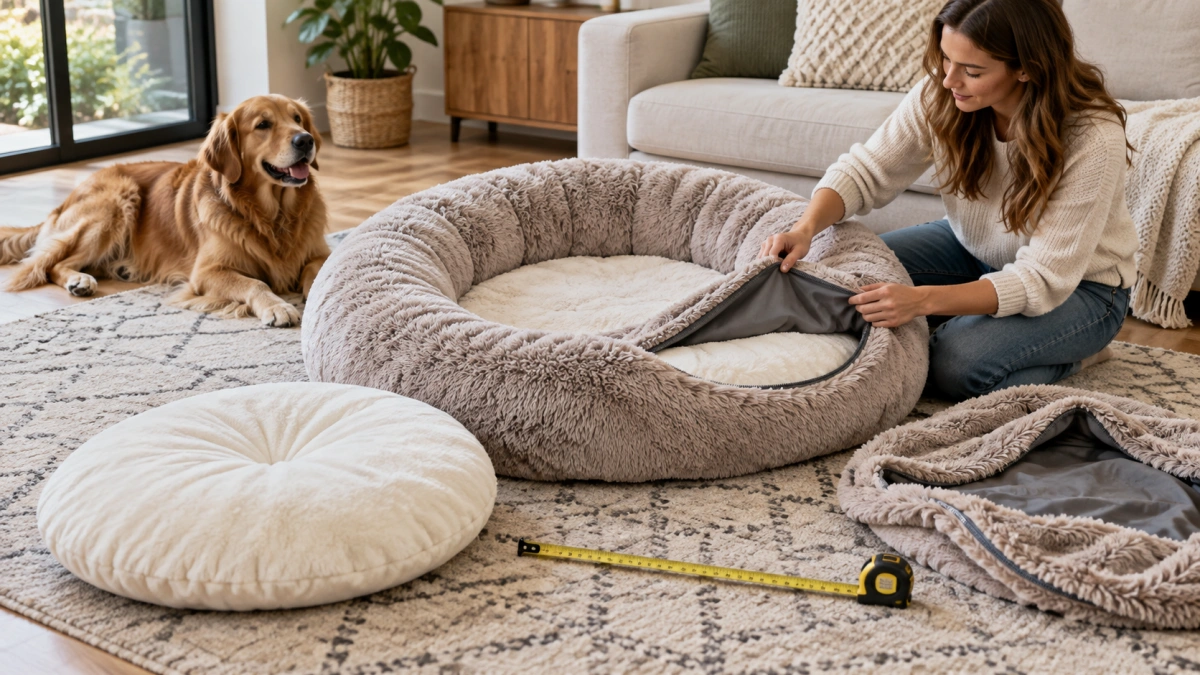 Owner checking donut dog bed size rim and center sleeping area
