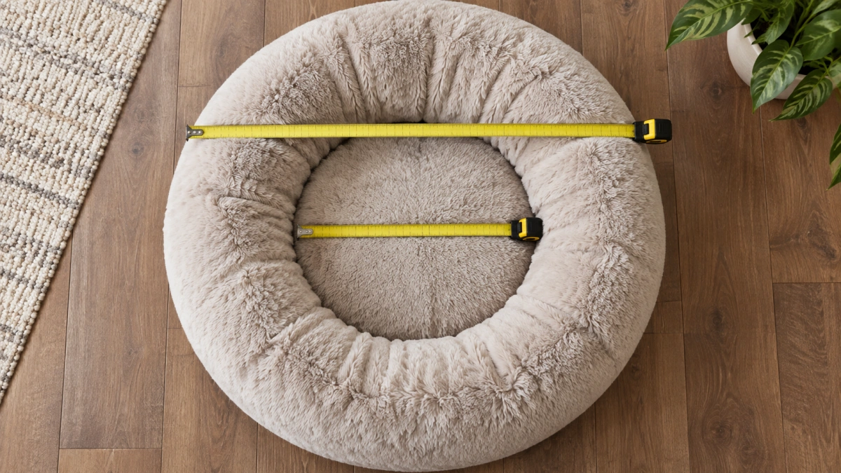 Donut dog bed showing outer diameter and smaller inner sleeping area