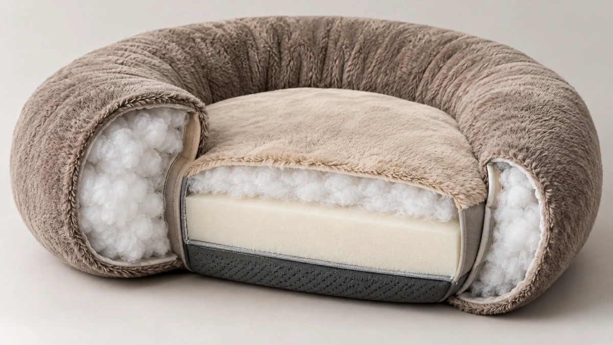 Donut dog bed with raised rim and supportive center cushion construction