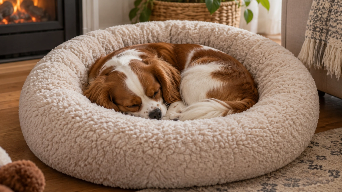 Dog curled up in a round donut style dog bed
