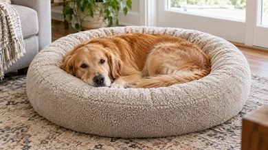 Donut dog bed with round raised rim and center sleeping area