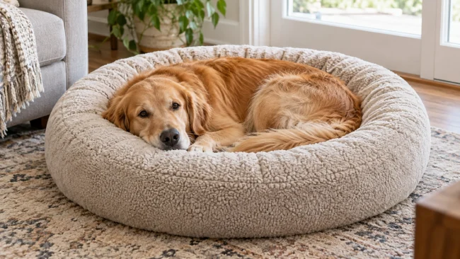 Donut dog bed with round raised rim and center sleeping area