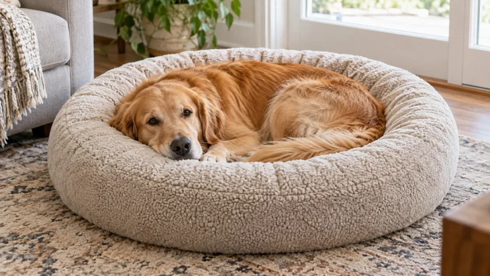 Donut dog bed with round raised rim and center sleeping area
