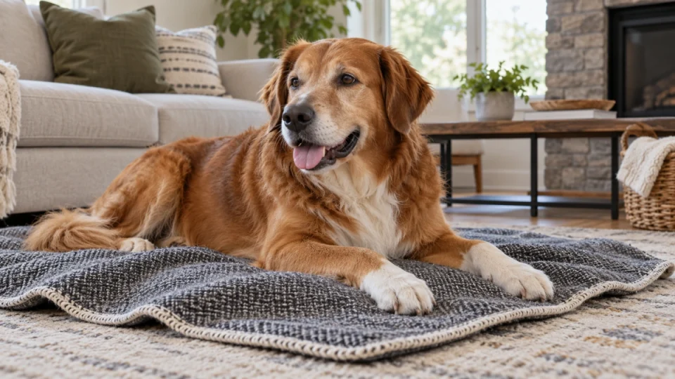 Dog resting on a durable low pile blanket with reinforced edges