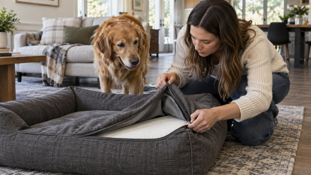 Owner inspecting durable dog bed construction before buying