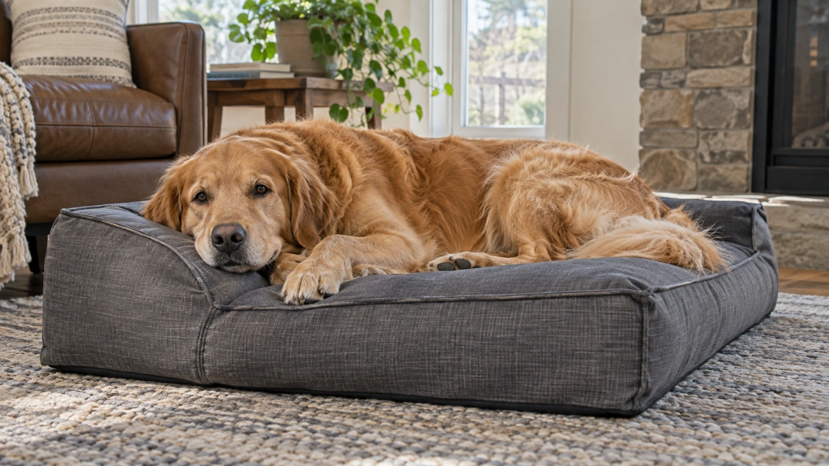 Large dog resting on a durable fabric dog bed
