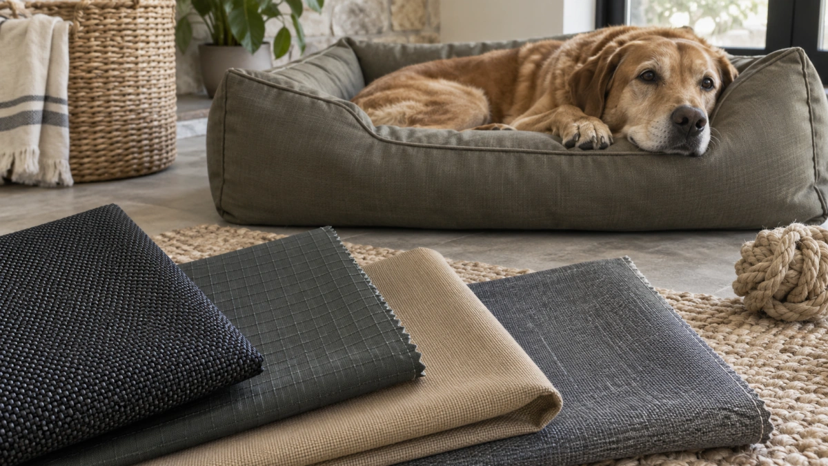 Durable dog bed fabrics with tightly woven reinforced construction
