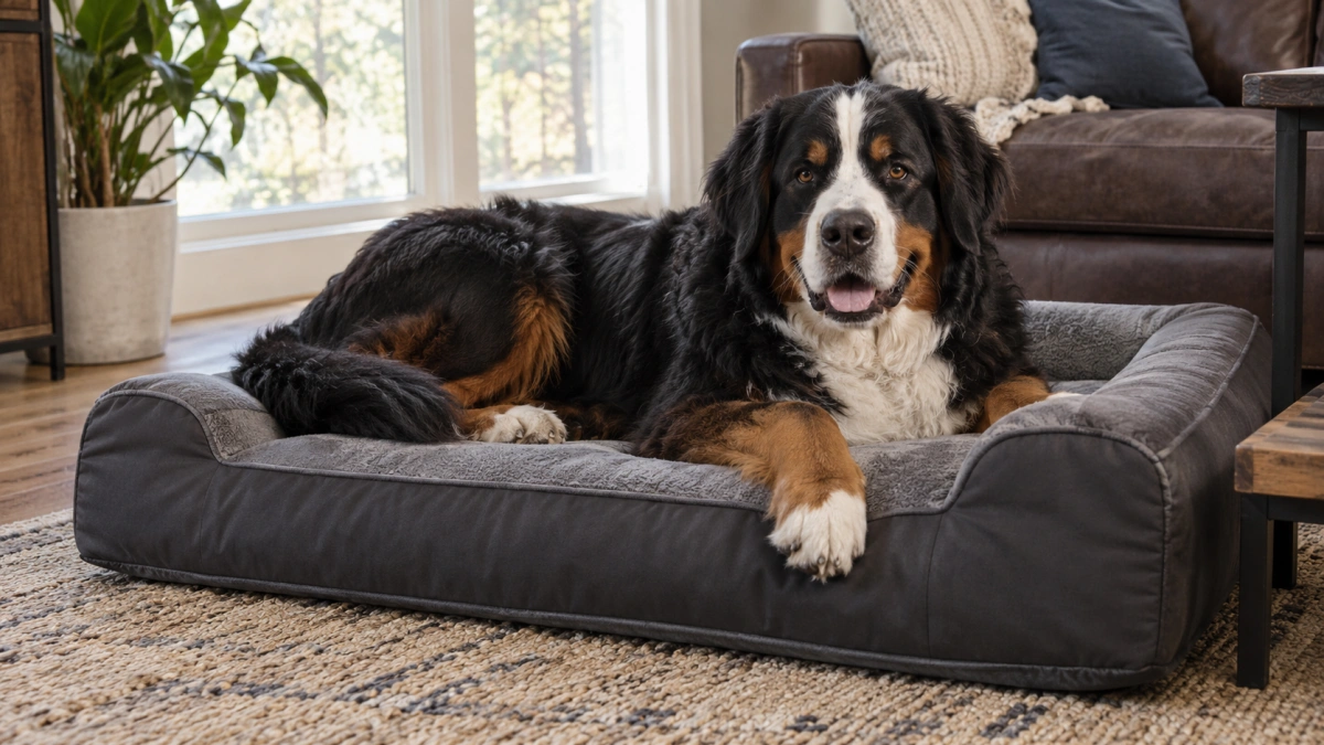 Large dog resting on a durable chew resistant dog bed
