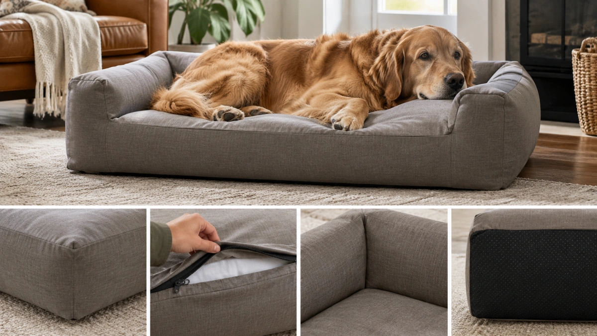Chew resistant dog bed with protected edges and hidden seams