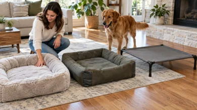 Owner comparing durable dog beds for chewing digging and heavy use