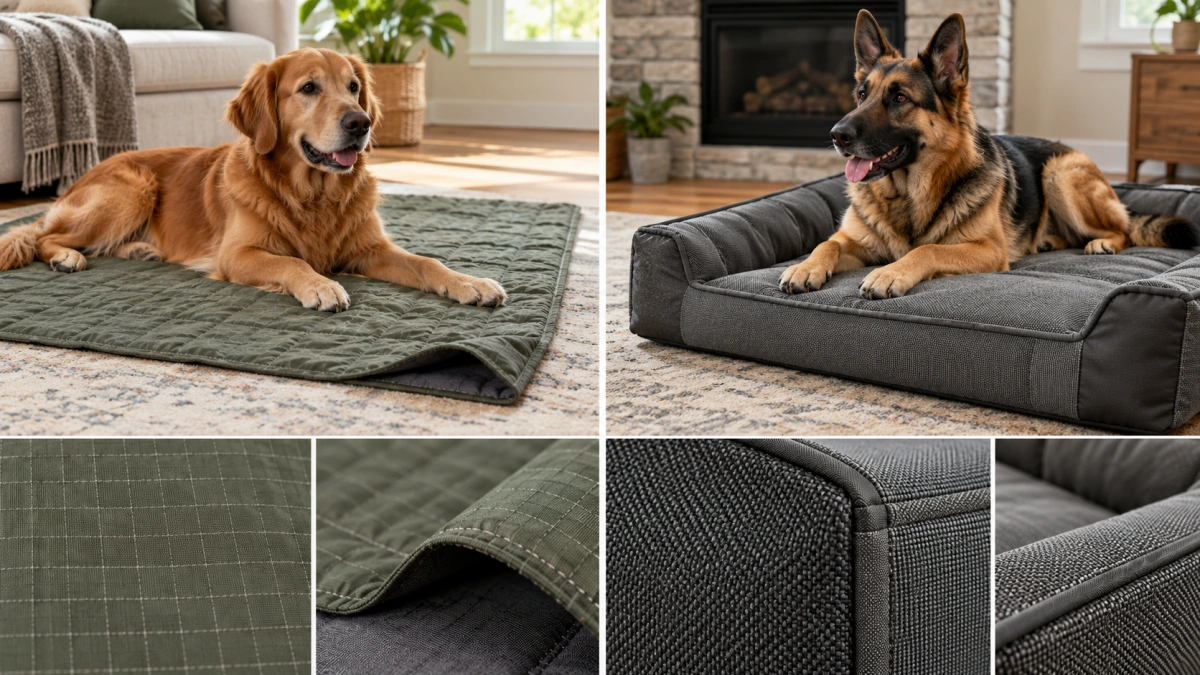 Durable and chew resistant dog blanket constructions compared