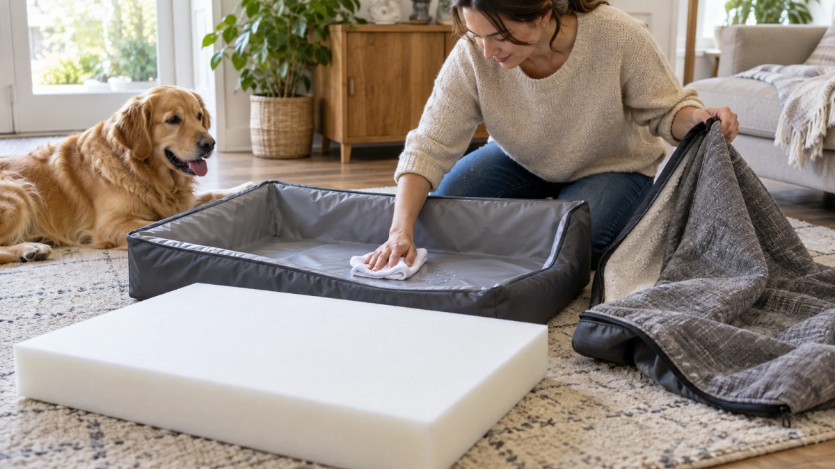 Cleaning a waterproof dog bed with removable cover and liner