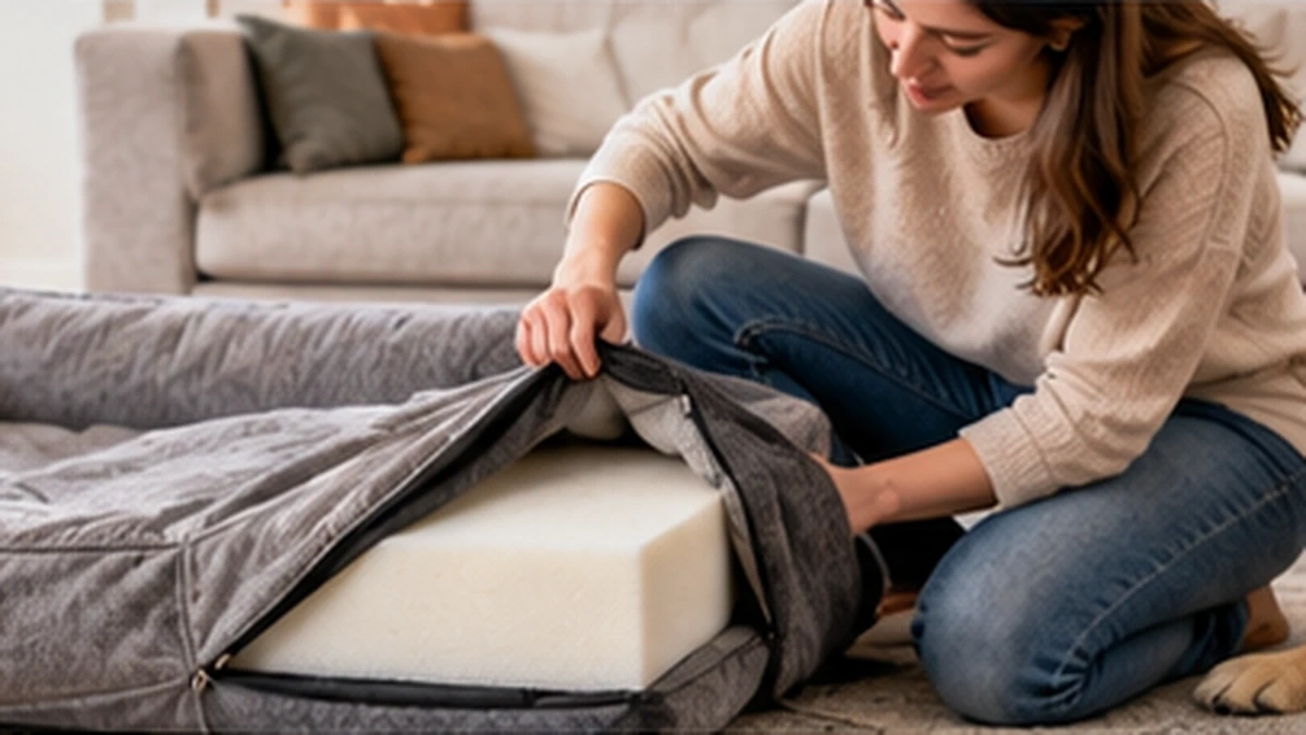 Owner easily removing a zippered washable dog bed cover