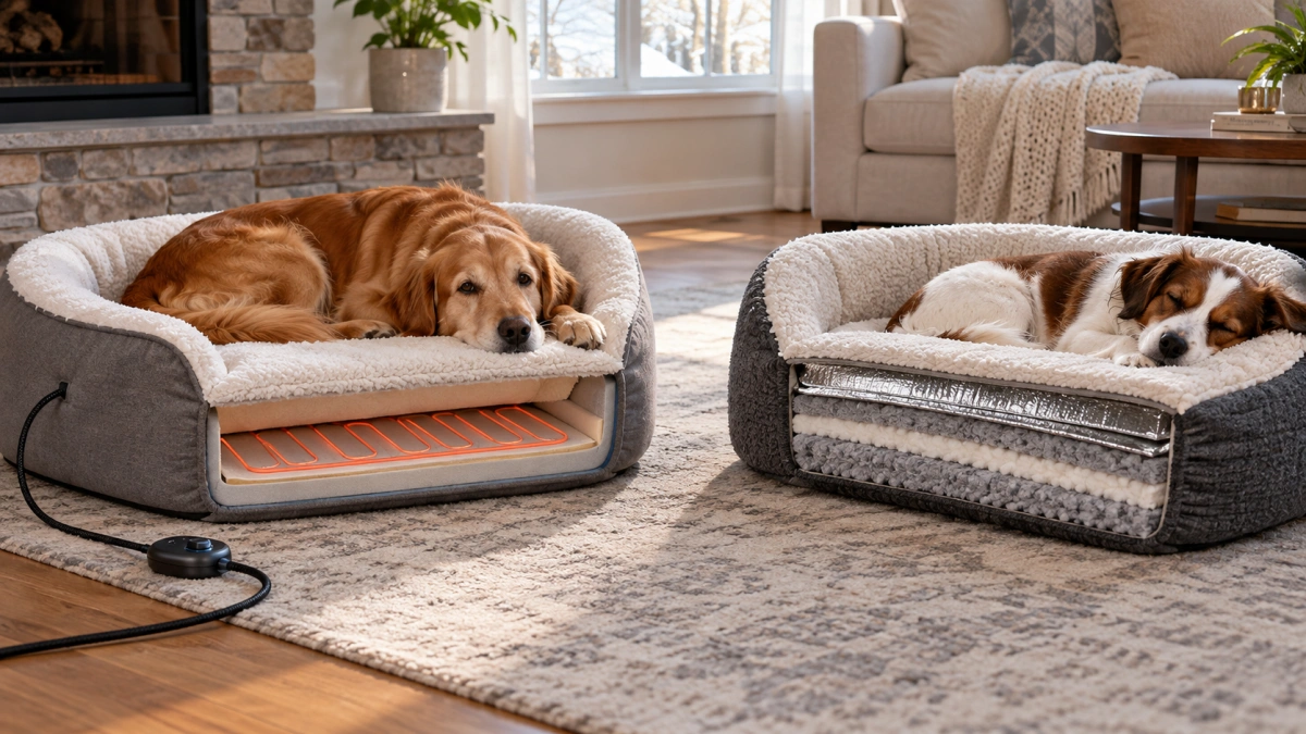 Electric heated dog bed compared with a self warming dog bed