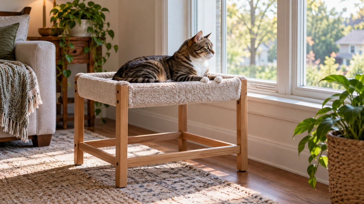 Elevated cat bed positioned safely near a sunny window
