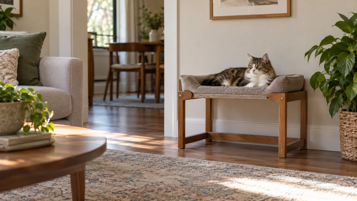 Elevated cat bed placed in a quiet corner with a view of the room