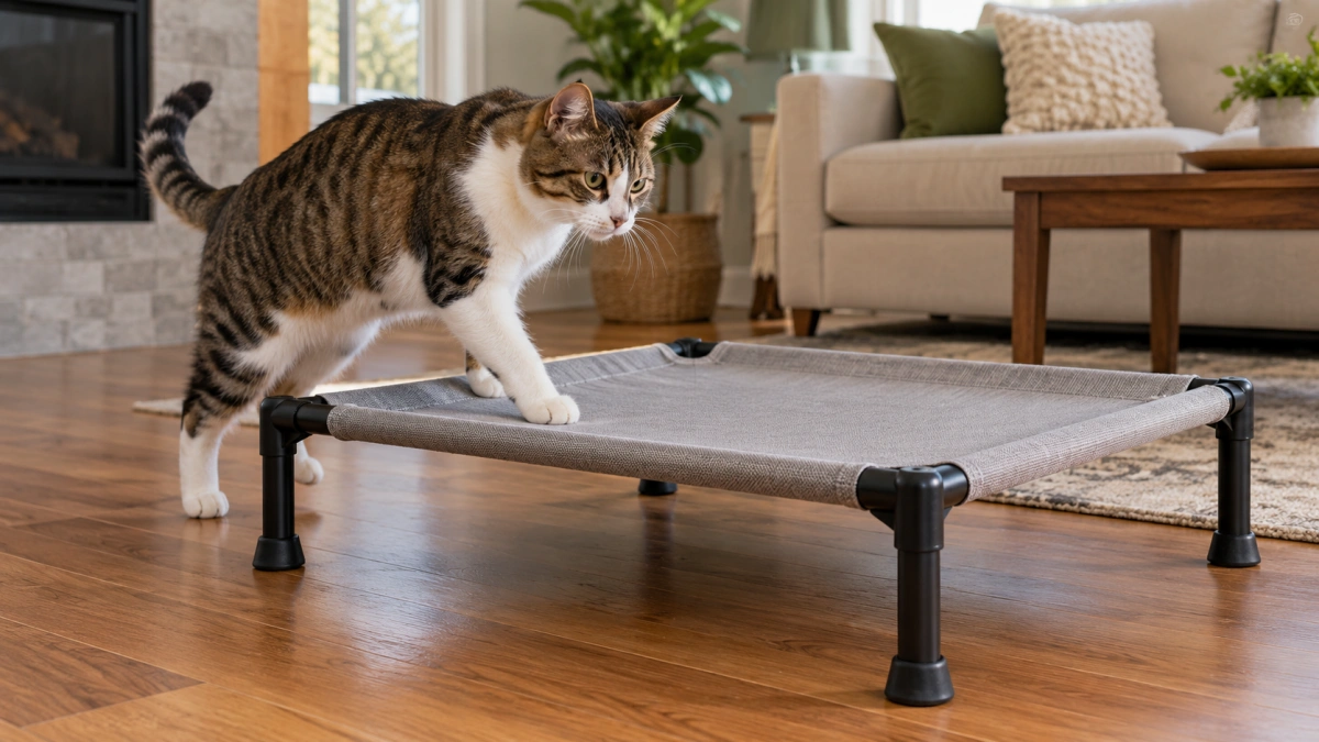 Stable elevated cat bed with secure frame and wide sleeping surface