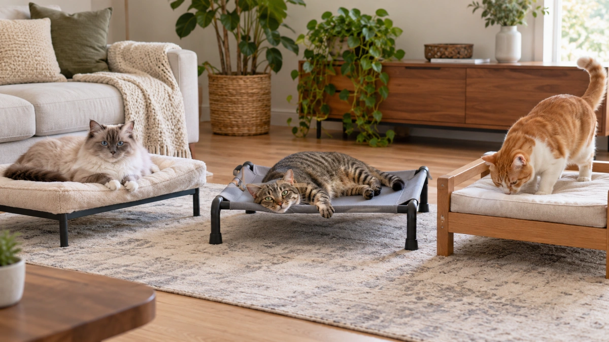 Different types of elevated cat beds including mesh cot and platform styles