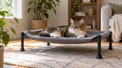 Cat resting comfortably on a stable elevated cat bed