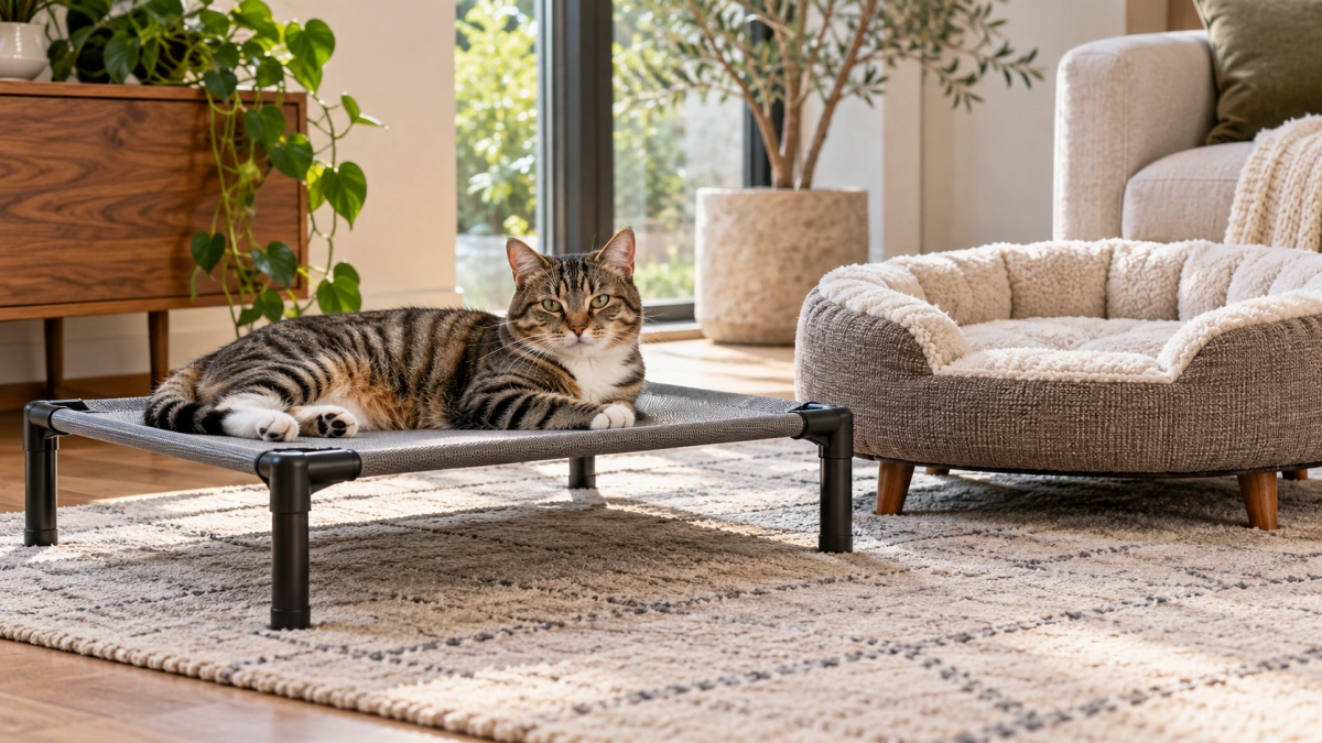 Cat resting on an elevated mesh bed with open space underneath
