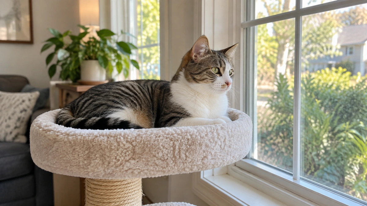 Cat resting on an elevated bed near a sunny window