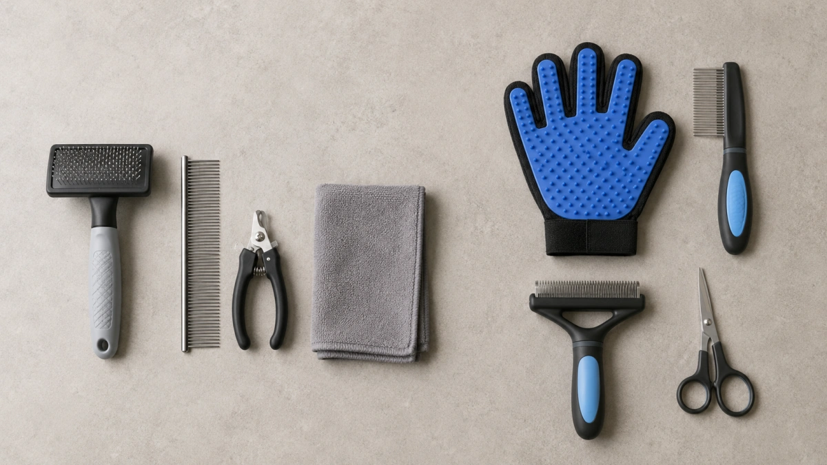 Essential and optional cat grooming tools arranged as a simple home grooming kit