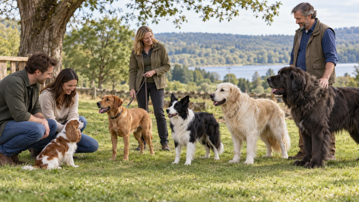 Family comparing dog breeds of different sizes and traits