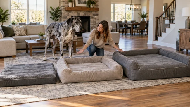 Owner comparing extra large dog beds for a giant breed dog
