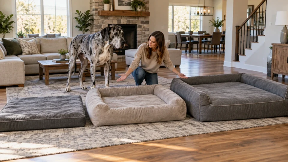 Owner comparing extra large dog beds for a giant breed dog