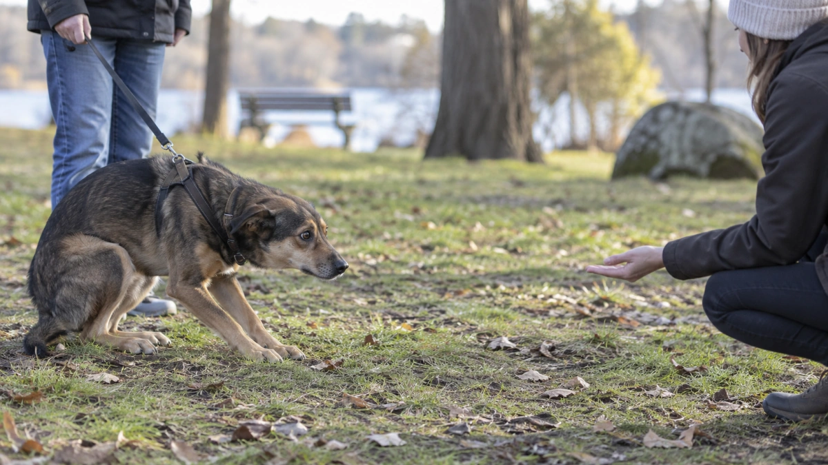 Dog showing fearful defensive body language without physical conflict