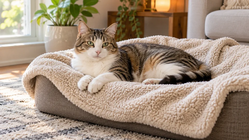 Cat resting on a soft fleece blanket in a warm indoor setting