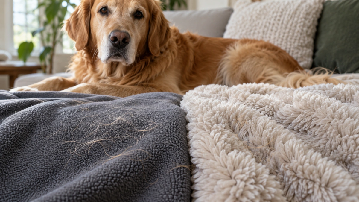 Dog hair visible on fleece and deep plush blanket surfaces