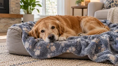Dog resting on a soft fleece blanket in a cozy home
