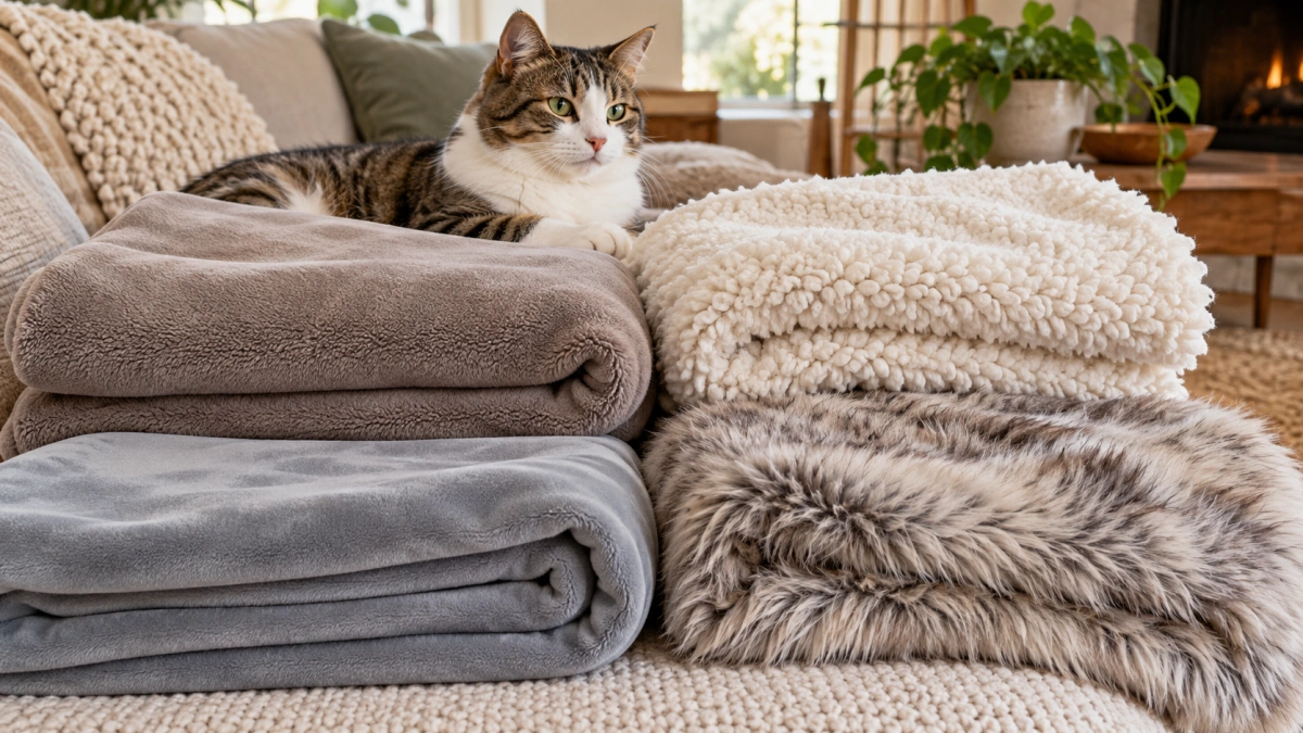 Fleece sherpa microfiber and faux fur cat blankets compared