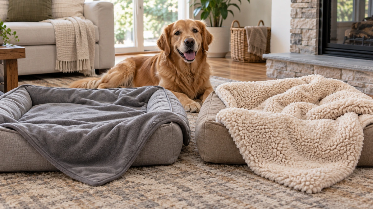 Fleece and sherpa dog blankets compared for warmth and texture