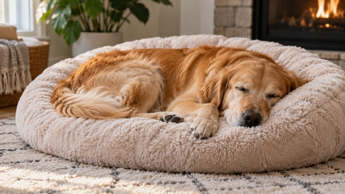 Dog sleeping comfortably on a fluffy plush bed