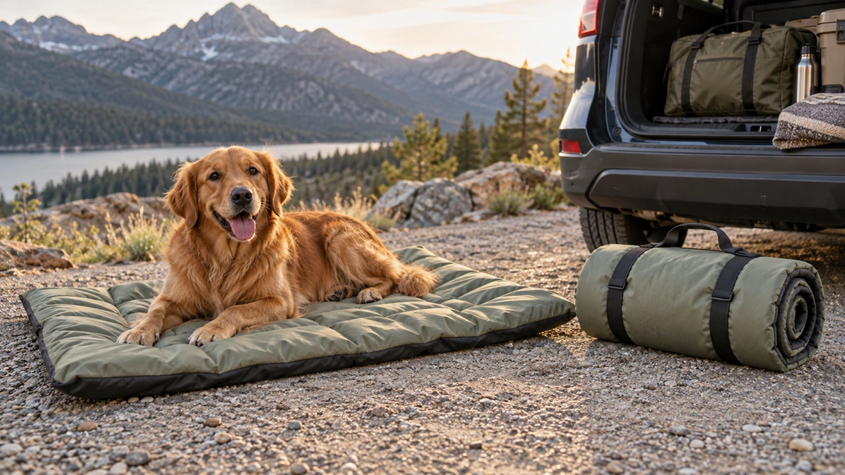 Foldable portable dog bed packed for a road trip