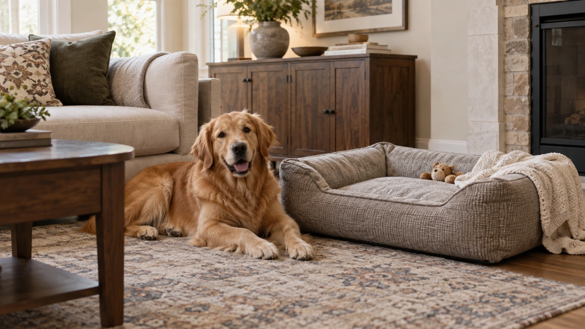 Furniture style dog bed blending naturally with living room decor