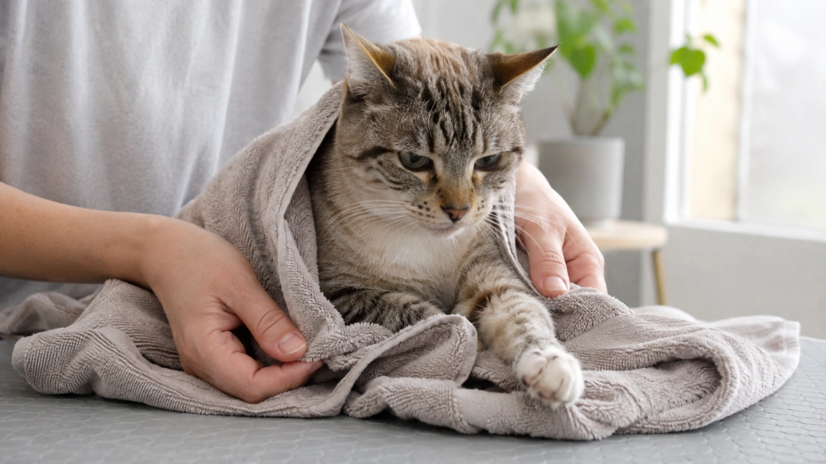 Cat loosely supported with a soft towel during a short grooming task
