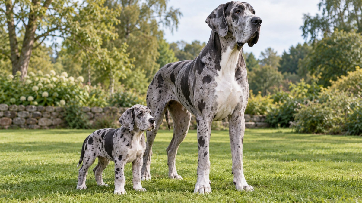 Giant breed puppy beside a healthy adult giant dog