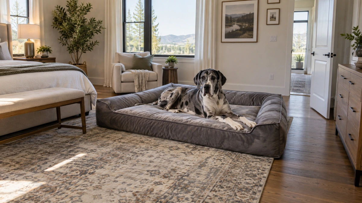Extra large dog bed showing floor space needed in a home