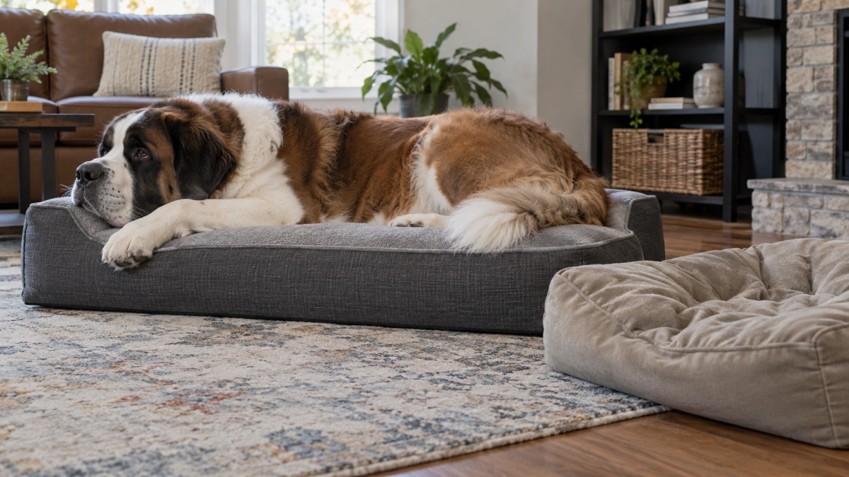 Giant breed dog resting on a supportive extra large dog bed