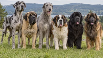 Several giant dog breeds standing together outdoors