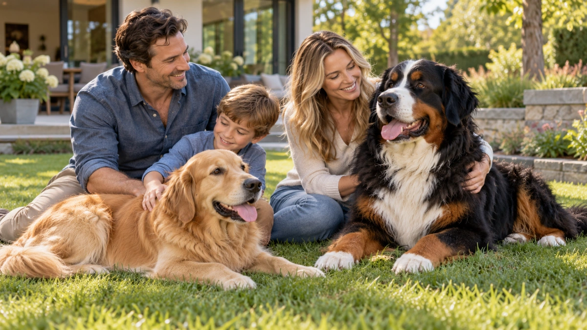 Golden Retriever and Bernese Mountain Dog relaxing with owners