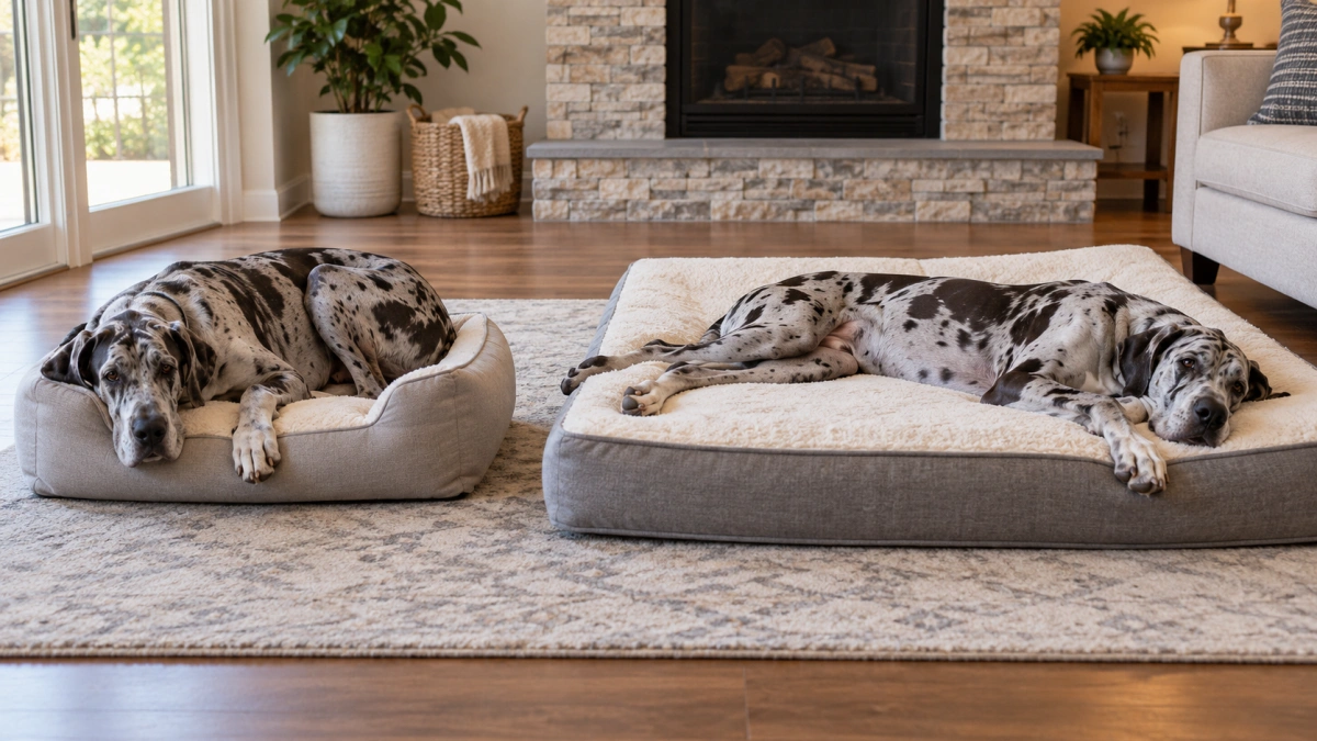 Great Dane comparing standard large and giant size dog beds