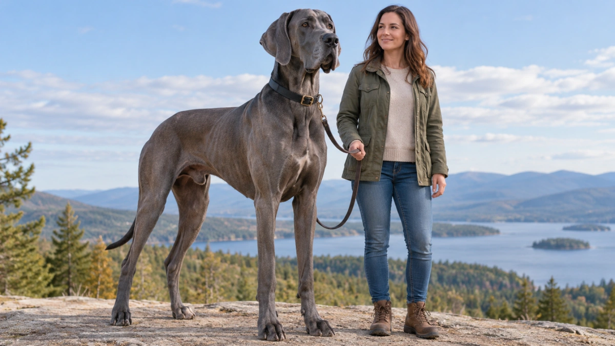 Adult Great Dane standing beside its owner for scale
