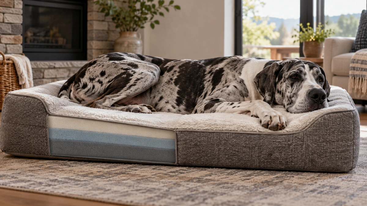 Great Dane lying on a supportive orthopedic style dog bed