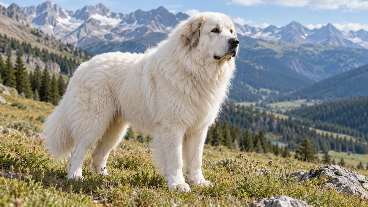 Great Pyrenees standing calmly in a mountain meadow