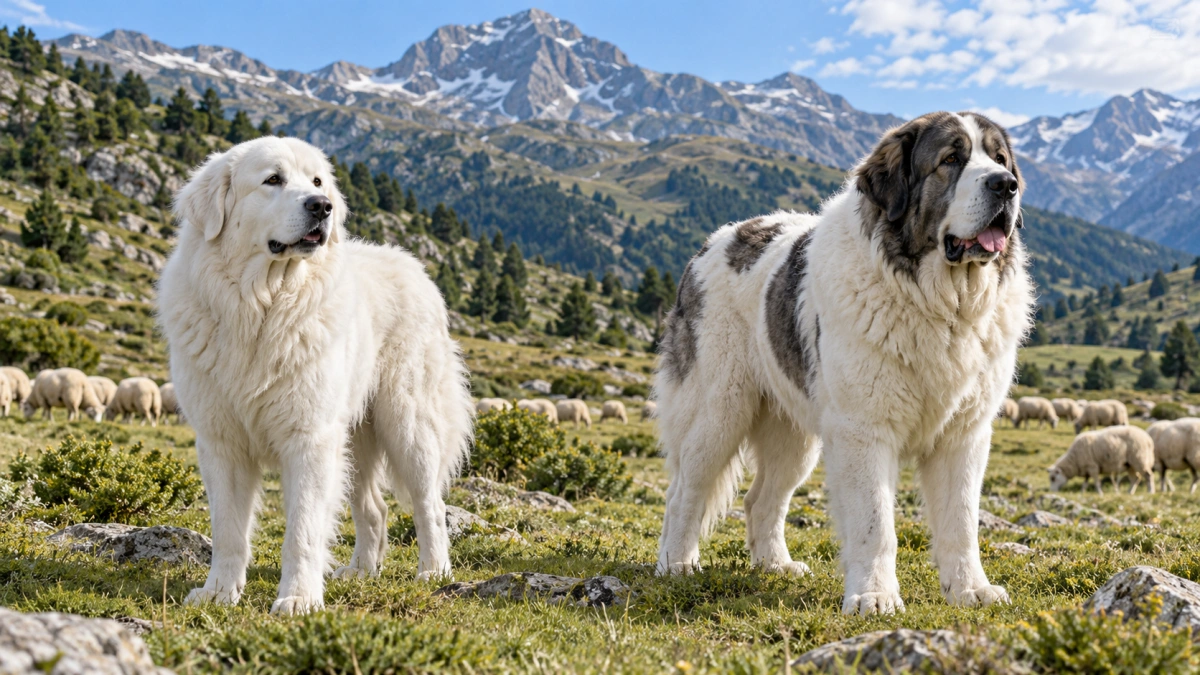 Great Pyrenees and Pyrenean Mastiff standing in mountain pasture